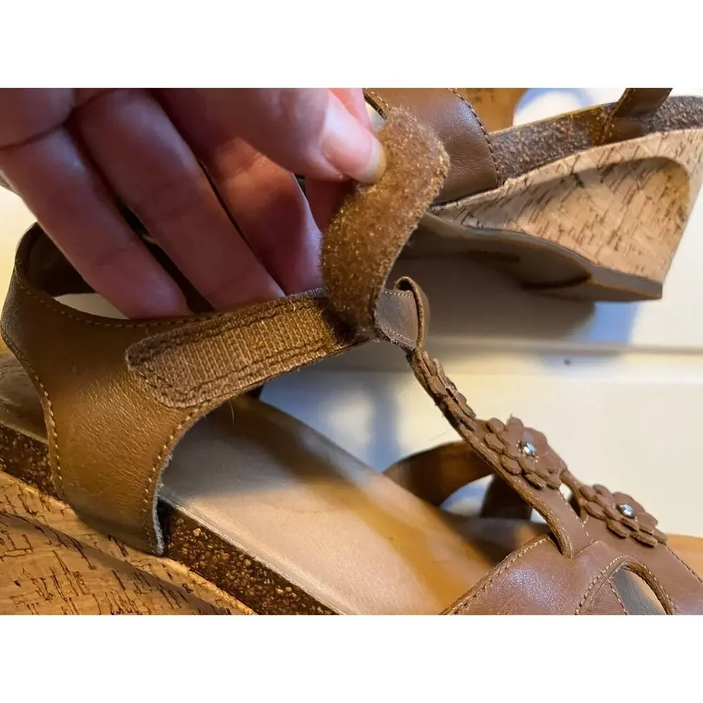 Taos Passion Flowers Leather Cork Wedge Sandals In Brown Womens Size 10 T-strap - Picture 9 of 14